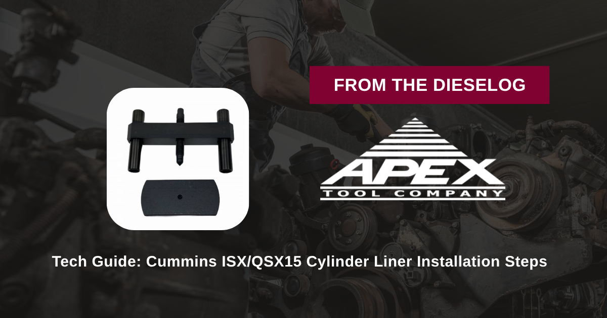 Step-by-step close up layout of heavy-duty cylinder liner press tool mounted over a Cummins ISX engine block deck